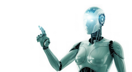 A futuristic female robot pointing its finger with a glowing blue light, isolated on transparent background