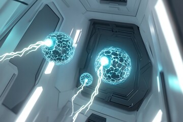 Futuristic chemistry reaction chamber floating molecules and illuminated energy trails high detail sci fi design