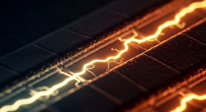 Close-up view of glowing electrical sparks or lightning bolts on a dark surface with intense bright orange and yellow light effects and a sense of energy and power. - Powered by Adobe