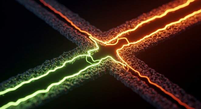 Electricity sparks crossing with glowing orange and green light trails at a junction in a dark setting, featuring vibrant neon effects and dynamic energetic visual display - Powered by Adobe