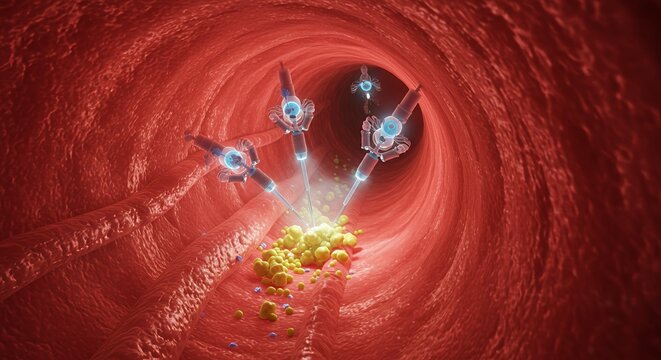 Artificial nanobots repairing a damaged blood vessel from inside the artery with glowing cellular structures and advanced futuristic technology, medical science innovation, biotech development
