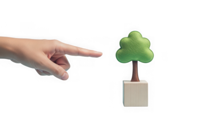 A hand pointing at a small potted tree isolated on a transparent background, symbolizing growth and nature