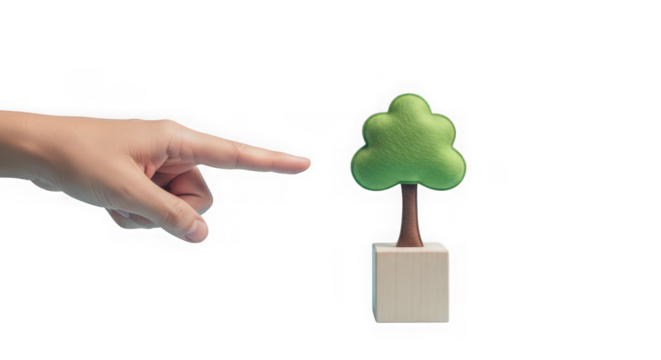 A hand pointing at a small potted tree isolated on a transparent background, symbolizing growth and nature