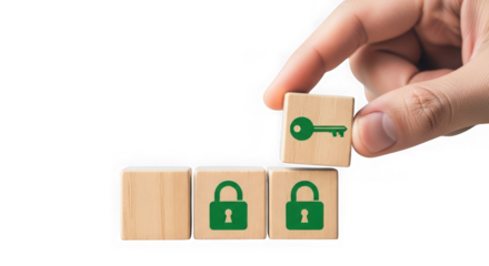 A hand placing a wooden cube with a key symbol on top of cubes with lock symbols, isolated on transparent background