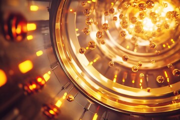 Futuristic chemistry reaction chamber floating molecules and illuminated energy trails high detail sci fi design