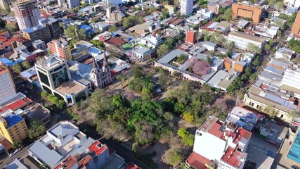Aerial view of Plaza 9 de Julio in downtown Posadas, Misiones, Argentina.