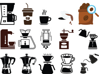 Coffee cup icon set. Cups of coffee tea collection. Hot drink icon. Disposable cup. Cup coffe with steam. Flat style. Vector Illustration. national coffee day.Coffee bean set.Coffee machine icon.Drink