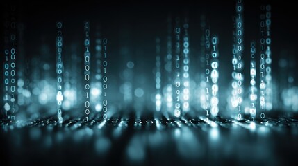 Rows of light blue binary code descend from a dark background, focusing on the center area with blurred lines and reflective surface below