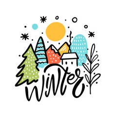 A Beautiful and Colorful Winter Landscape Featuring Trees, a Cozy House, and Natures Charm