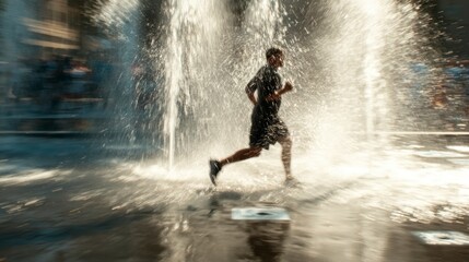 Obraz premium Man running through urban fountain