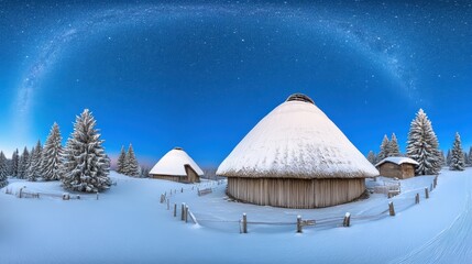 Serene Winter Landscape with Snowy Huts and Starry Night Sky
