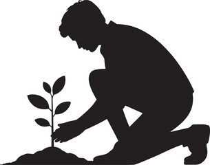 Planting Silhouette, Man Cultivating Seedling, Gardening on See Through Backdrop