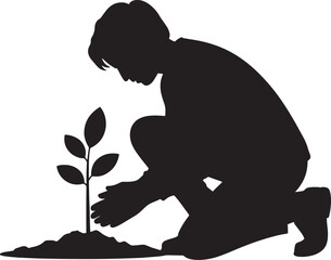Planting Silhouette. Person Cultivating Seedling, Gardening on Isolated Backdrop