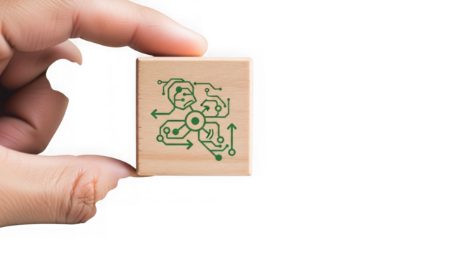 Hand holding a small wooden block with a green circuit board pattern, isolated on transparent background