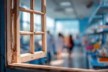A weathered window frame offers a glimpse into a blurred, blue-toned lab with figures in white coats. The old wood contrasts with the sterile interior