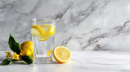 Refreshing lemon water in glass with lemon slices on a marble surface