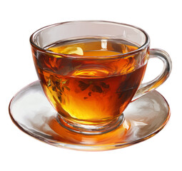 Glass Tea Cup with Hot Amber Tea on White Background