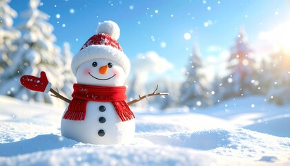 Obraz premium A cheerful snowman stands in a snowy forest under a bright blue sky, sunshine gleaming, snow falling, winter holiday magic