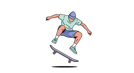 Obraz premium Illustrative skateboarder mid-air performing a trick, demonstrating youth, energy, and the dynamic of extreme sport, in a clean and modern design