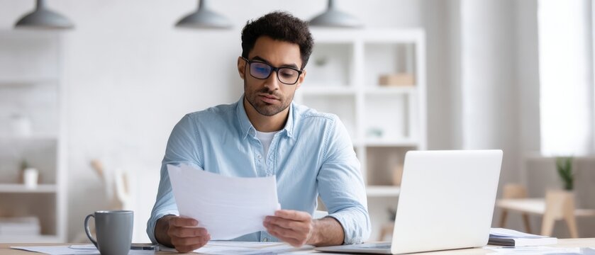 The focused man reviewing documents at a modern office desk with a laptop.