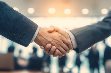 Close up handshake with people blurred in background. Focus on clasped hands. Lens flare at top of image