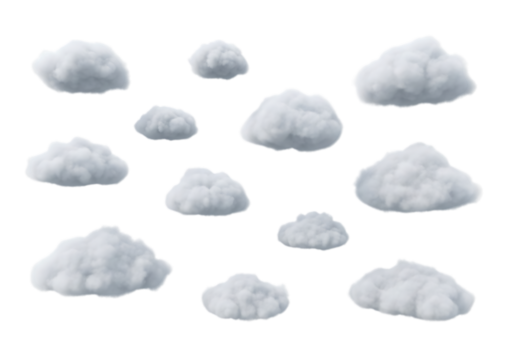 Illustration of a collection of fluffy white clouds scattered across a clear sky, isolated on transparent background on transparent background