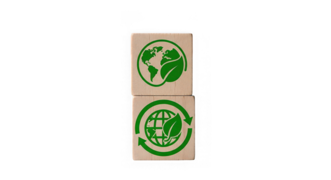 Two wooden blocks stacked, one with a globe and leaf symbol, the other with a globe and recycling arrows, isolated on transparent background