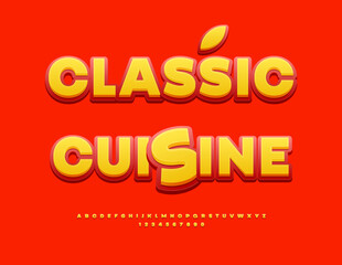 Vector Artistic emblem Classic Cuisine. Bright Yellow and Red Font. Creative Alphabet Letters and Numbers set.