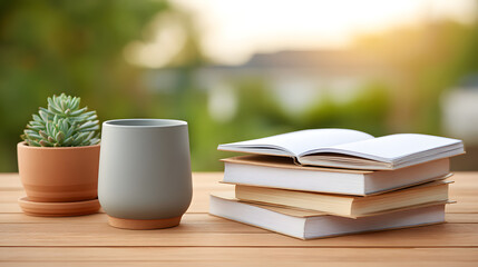 a peaceful scene with books, succulent, and a mug on a wooden table. The open book invites exploration, while the plants add touch of nature, suggesting relaxation