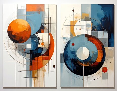 Abstract geometric diptych featuring circles, squares, and lines in warm and cool tones