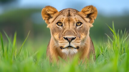 Obraz premium Majestic Lioness Staring Intently in Tall Green Grass Landscape
