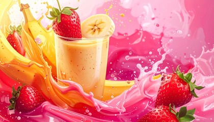 Healthy strawberry and banana fruit smoothie liquid swirls splashes. Fruits juice liquids splashing together.