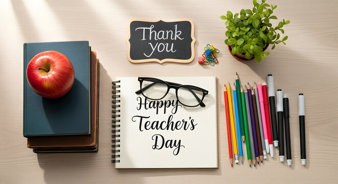 Happy teachers day message on notebook with apple books glasses and art supplies on wooden table