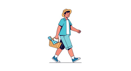 Fototapeta premium Stylized vector illustration of a young man cheerfully walking with a picnic basket ready for an outdoor adventure and relaxation
