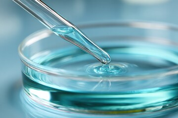 Clear pipette drips a turquoise liquid into a glass petri dish, creating a gentle ripple effect, set against a soft, blurred blue background