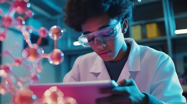 Futuristic chemistry student using tablet visualize molecular structures in AR next gen education immersive STEM learning