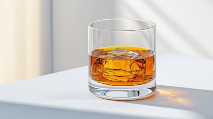 Close-up of a Glass of Whiskey with Ice on a Light Surface