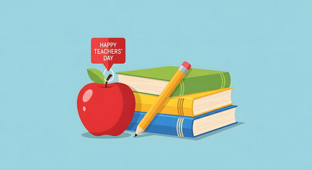 Bright red apple with a pencil and stack of colorful books on a light blue background