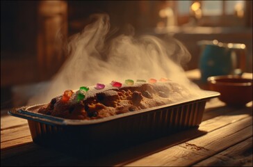 Steaming baked fruit cake topped with sugar and candy