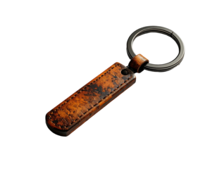 Dark-brown leather key ring, rectangular tag, metal ring