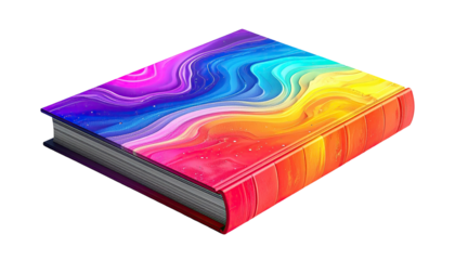 Colorful book with abstract, swirling, rainbow design