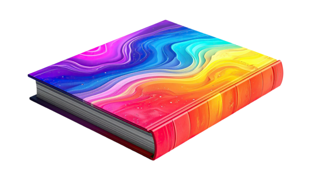 Colorful book with abstract, swirling, rainbow design