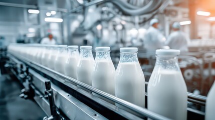 Milk Bottles On Conveyor Belt In Dairy Factory