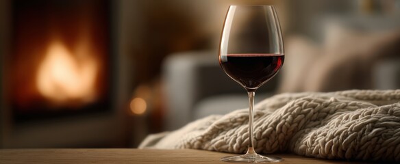 The elegant red wine glass beside a cozy blanket by the fireplace.