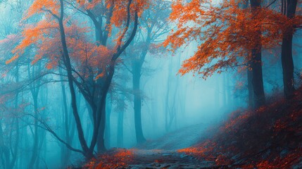 Misty Forest Path with Orange and Blue Autumn Foliage at Dawn