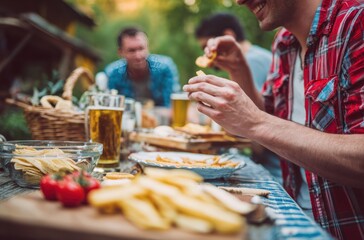 A blurred shot of friends enjoying an outdoor gathering with chips, tomatoes, and beer on a rustic table. Focused on hands and food