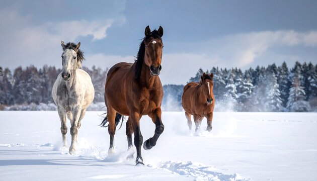 Three horses gallop across a snowy field