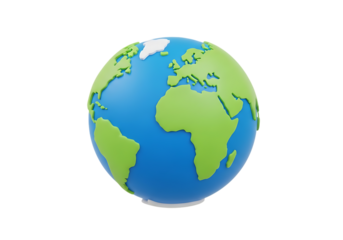 Illustration of a stylized 3d globe of planet earth with continents in green and oceans in blue, isolated on a transparent background on transparent background
