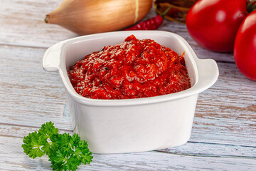 Bulgarian traditional lutenica pepper sauce