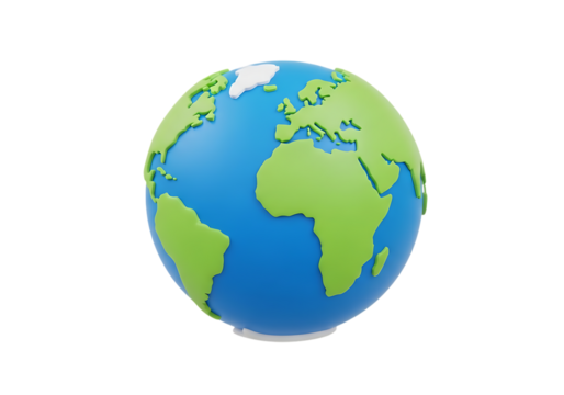 Illustration of a stylized 3d globe of planet earth with continents in green and oceans in blue, isolated on a transparent background on transparent background